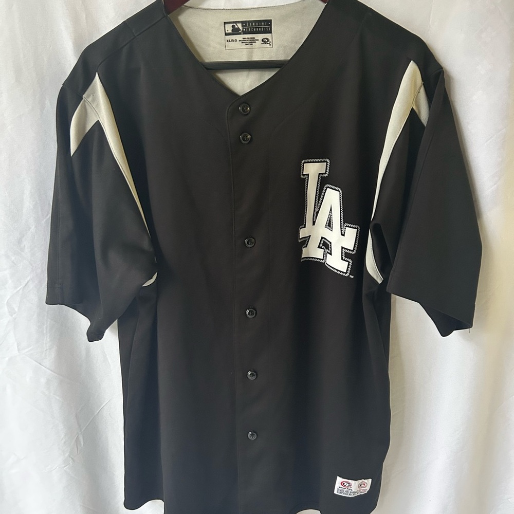 True Fan MLB Black and Gray LA Button-Up Baseball Jersey